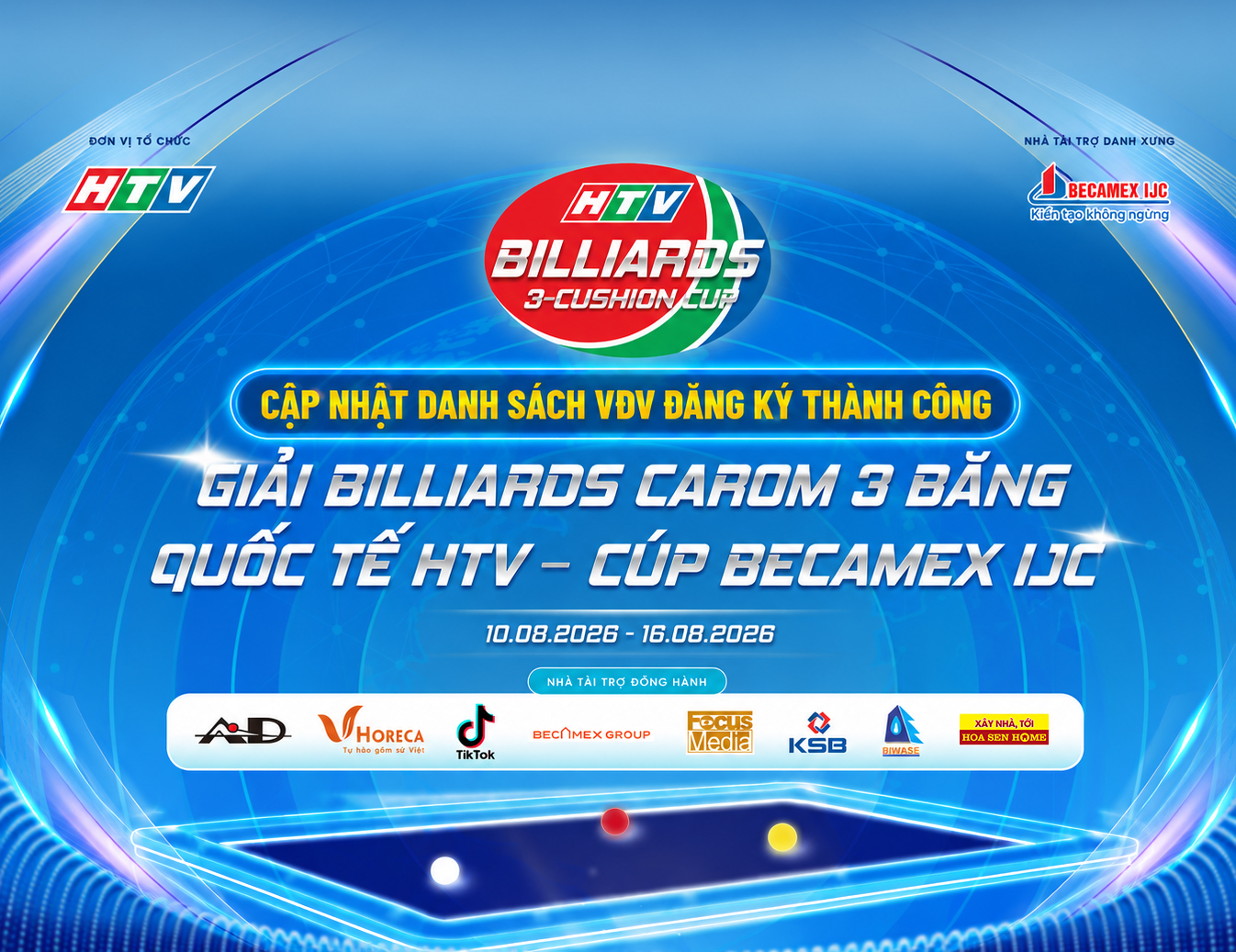 Cập nhật danh sách VĐV đăng ký thành công Giải Billiards Carom 3 Băng Quốc tế HTV 2026 – Cúp Becamex IJC